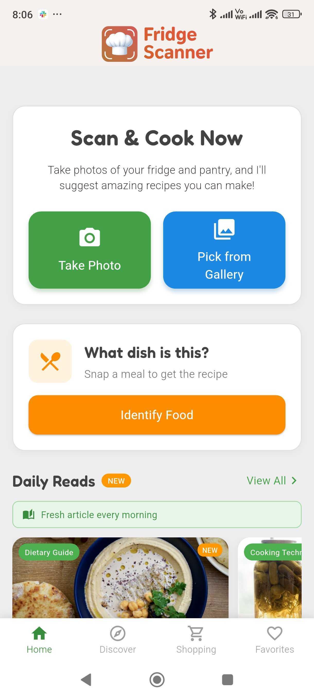 FridgeScanner home screen with scan feature